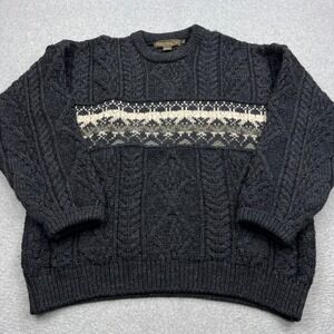Inis Crafts Sweater Men's Large Charcoal Fair Isle Cable Knit Wool Crew Pullover